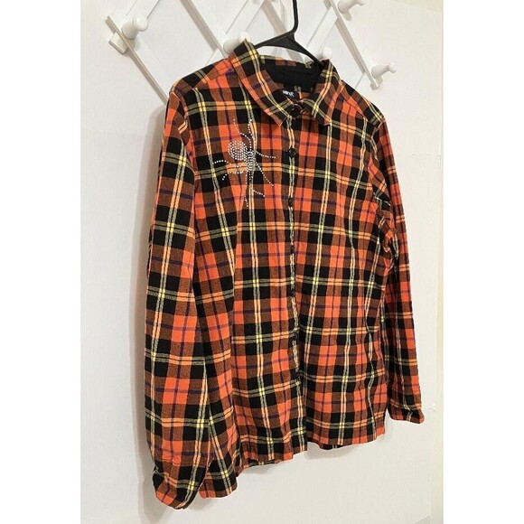 Krazy Kat XL Woman's Halloween Fall Plaid Rhinestone Spider Long Sleeve Shirt - Picture 2 of 10